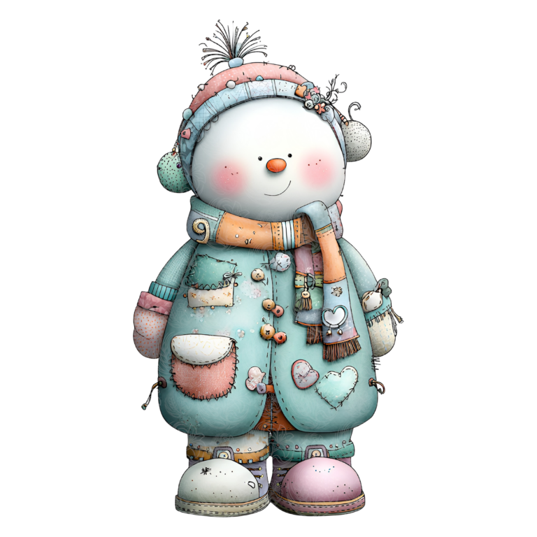 Whimsical snowman wearing a patchwork coat, scarf, and winter hat with earmuffs, Grey Barn Handwerk, Saskatchewan.